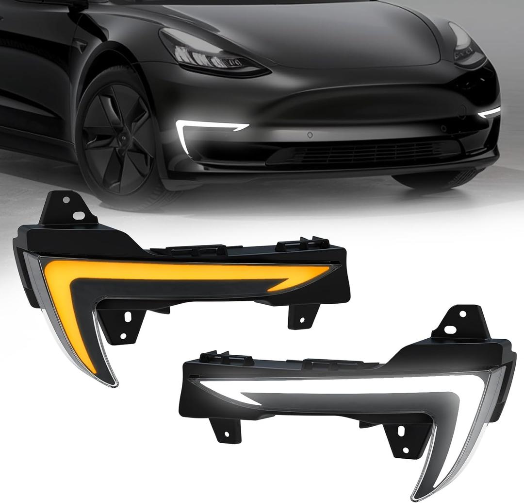 2 Color LED Daytime Running Lights Compatible with 2018-2024 Tesla Model 3, Front Driving DRL Lamps Assembly with Turn Signals, Night Running Light, Dynamic Start-Up Animation, (1 Pair)