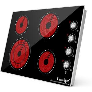 30 Inch Built-In Electric Ceramic Glass Cooktop, 4 Burners, 7200W Total Power, Knob Control, Compatible with Flat-Bottom Cookware, 220-240V Hardwired