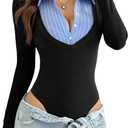 SOLY HUX Women's Striped Long Sleeve Bodysuits Button Down Tshirts Collared 2 in 1 Tops Preppy Clothes Black Striped Small