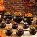 YGAOHF Cauldron Halloween Decor - Set of 10 Plastic Witches Cauldron Serving Bowls on Rack, Spooky Candy Bucket for Indoor Outdoor Home Decorations, Black