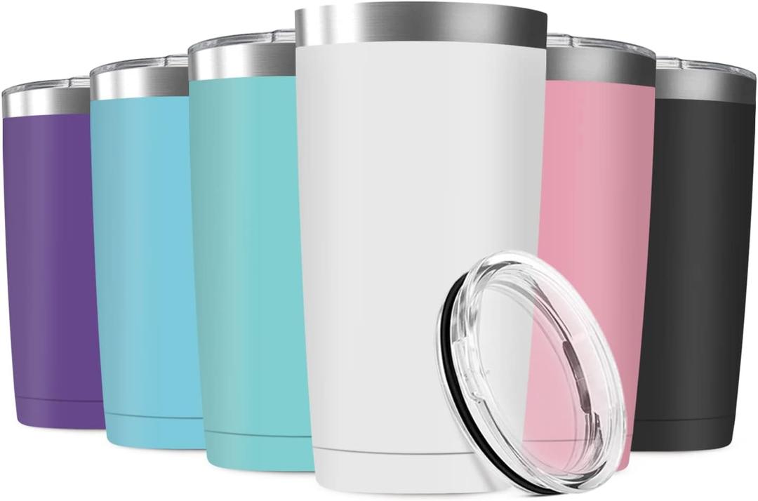 20oz Tumbler Vacuum Insulated Travel Mug with Lids, Stainless Steel Double Wall Thermal Coffe Cup for Home, Office, Outdoor Suitable for Vehicle Cup Holders (6 Count (Pack of 1), Assorted Colors)