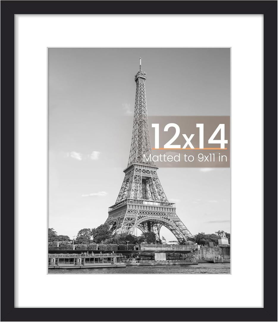 Upsimples 12x14 Frame, Display Pictures 9x11 with Mat or 12x14 Without, Wall Hanging Photo Frame, Black, 1 Pack
