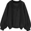 Hilinker Womens V Neck Oversized Sweatshirts Casual Drop Shoulder Long Sleeve Pullover Tops (Medium, Black)