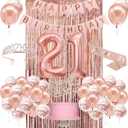 21st Birthday Decorations for Her, Happy 21st Birthday Banner, Crown, Sash, Cake Topper and Number Balloon, Rose Gold 21 Years Old Party Decorations for Her