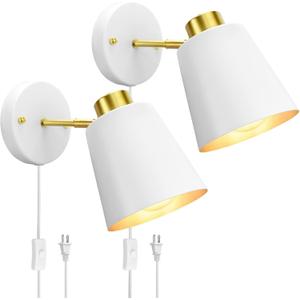 Plug in Wall Sconces, Rotatable Angle White Wall Lamp with Plug in Cord Metal Vintage Industrial Wall Mounted Light Reading Light for Bedroom Bedside Doorway(2 Pack)