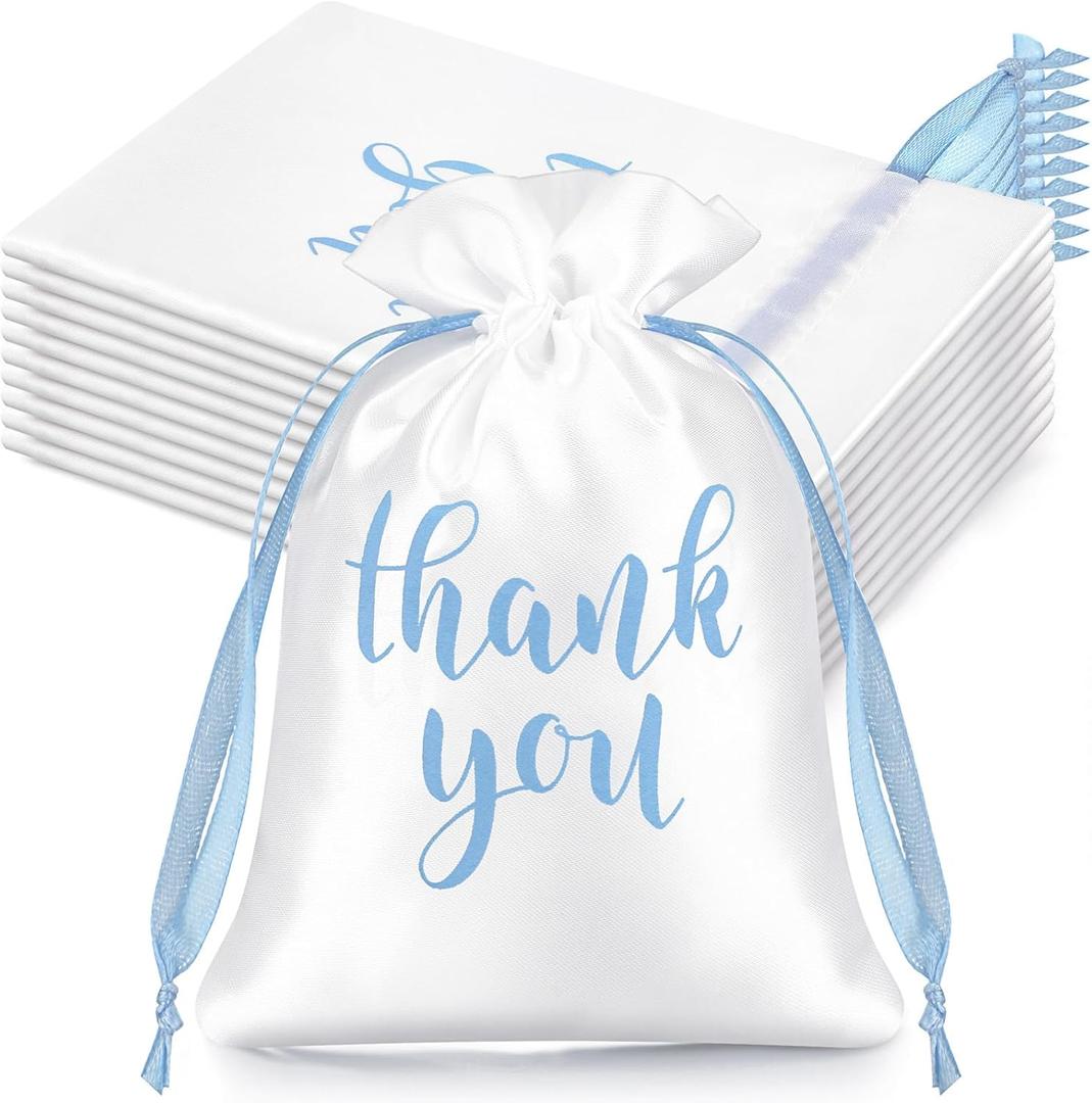 Sieral 50 Pcs Thank You Satin Gift Bags with Drawstring Jewelry Candy Bags for Wedding Bridal Shower Gift Wrap Bags for Birthday Party Anniversary Favor(White, Blue,4 x 6 Inch)