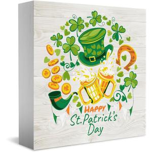 Happy St. Patricks Day Wooden Box Sign, Lucky Clover Green Top Hat, Beer Mug, Horseshoe, Green Home Office Irish Themed Party Decor, Home Desk Office Decor 5 x 5 Inches