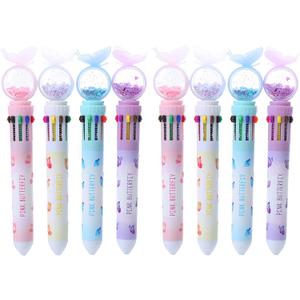 10-in-1 Multicolor Butterfly Retractable Ballpoint Colored Pen 8pcs 0.7mm Colorful Ink Pen Smooth Writing for Work Gifts for Office, Supplies (Butterfly, 8pcs)