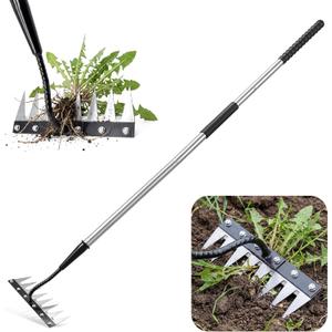 Iron Weeding Rake with Long Handle, Manual Weeder Tool for Garden | Upgraded Rake 8 Teeth Weed Puller Tool, Heavy Duty Weeder Remover Tool for Weeding, Cultivating & Soil Aeration