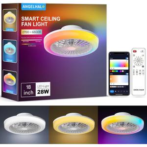 ANGELHALO 18" Smart Ceiling Fan with Light, RGBWW Flush Mount Fandelier with Remote/App Control, Music Sync, Quiet 6-Speed Motor, Low Profile for Bedroom/Kids Room/Home Offices/Small Living Spaces (RGBCW-1500lm)
