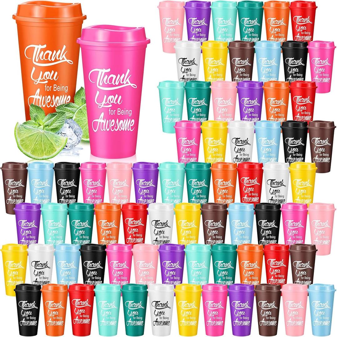 72 Teacher Appreciation Gifts in Bulk 16 oz Plastic Reusable Coffee Cups Employee Appreciation Tumblers with Lids Thank You Gifts for Coworkers Team Staff Volunteer Nurse (Corlorful)