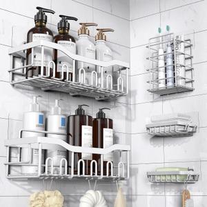 EUDELE 5-Pack Rustproof Stainless Steel Shower Caddy  No Drill Adhesive Bathroom Organizer with Large Capacity, Spacious Shower Shelves for Inside Shower, Kitchen & Home Decor Storage-XL Size (White)