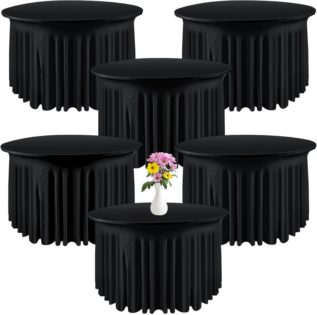 Preboun 6 Pack 4 Ft/ 48 Inch Spandex Round Tablecloths Wrinkle Free Stretchy Round Table Clothes for Table Tablecloth with Skirt for Party Wedding Home Decoration Parties Banquet (Black)