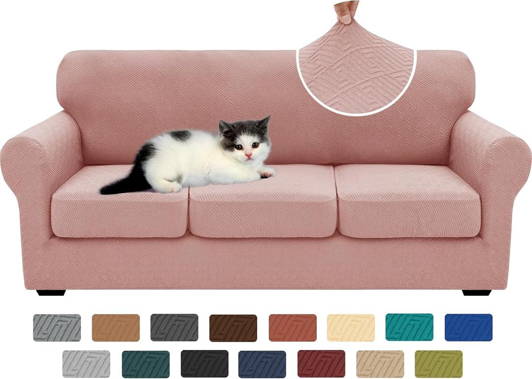 XINEAGE New 4 Pieces Couch Covers for 3 Cushion Couch Super Stretch Thick Soft Sofa Cover Anti Slip Sofa Slipcover Dogs Cats Furniture Protector (Dusty Pink, 71"-91") (71"-91"(3 Cushions))