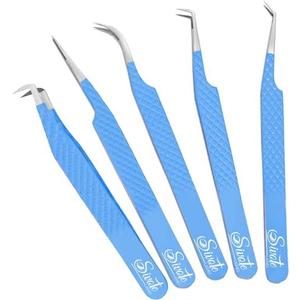 SIVOTE Lash Tweezers for Eyelash Extensions, Pack of 5 Blue – Lash Extension Tweezers Set with Diamond Grip, Precision Fiber Tip for Volume Tweezers Eyelash Extensions