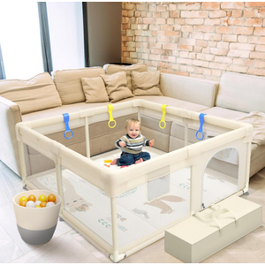 MiMi & Tom Baby Playpen with Mat – Safe Play Yard with 4 Pull-Up Rings, Ocean Balls & Toy Storage Basket – Large Minimalist Playpen for Babies & Toddlers (49” x 49”)