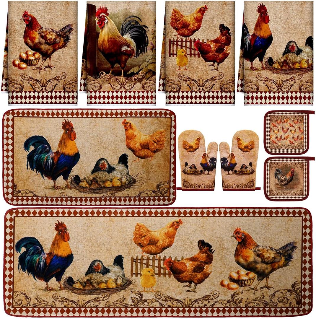 Fourluoo 10 Pcs Rooster Chicken Kitchen Dish Towels Rugs Oven Mitts and Pot Holders Sets Farmhouse Rustic Rooster Kitchen Decor Set for Cooking Baking Grilling Women Mom Gift(Brown)