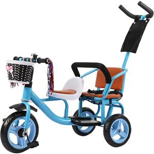 Kids Trike Bike Stroller- Double Tricycle Easy for Toddler with Removable Push Handle,Safety Harness,High Carbon Steeltrike Frame,Boys and Girls Ages Year Old,Blue