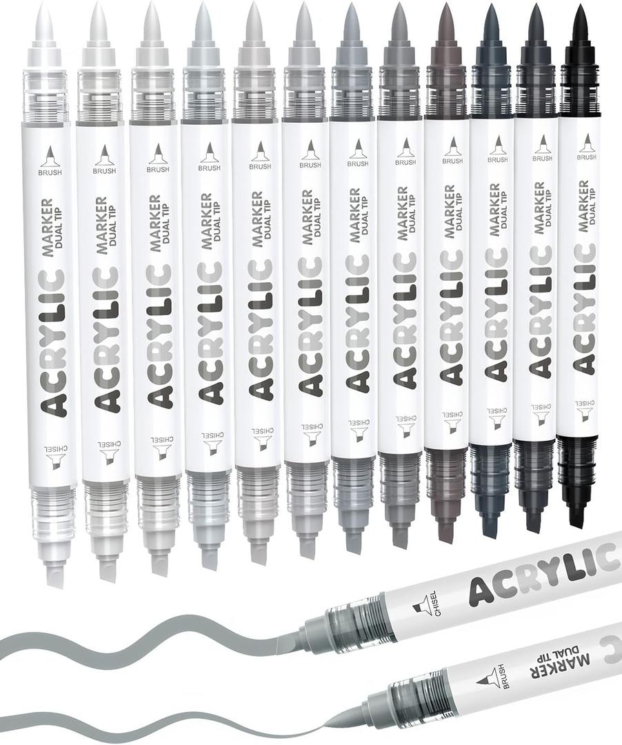 Guangna 12 Grey Dual Tip Acrylic Paint Markers, Brush Tip & Chisel Tip Acrylic Paint Pens for Rock, Wood, Glass, Paper, Coloring Book, Ceramic, Canvas, Water-Based Ink