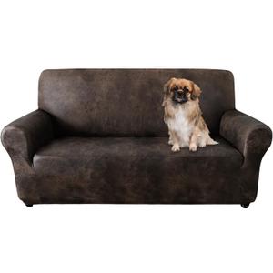 Loveseat Covers, Couch Covers for 2 Cushion Couches, Stretch Sofa Covers with Leather-Like Texture, Washable, Non-Slip 1-Piece for Dogs, Cats and Kids (Loveseat, Brown)