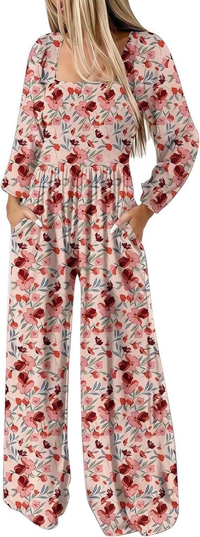 RONGTAI Rompers for Women Floral Print Casual One Piece Jumpsuits Long Sleeve High Waist Wide Leg Pants Romper with Pockets Beach Outfits Pink XLrge