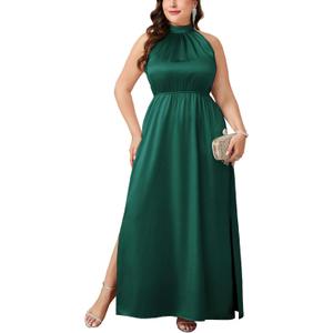 CYCLAMEN Plus Size 0X-4X Satin Halter Neck Dress A-line Maxi Long Dresses Wedding Guest Cocktail Evening Gowns (Green, XXXL)