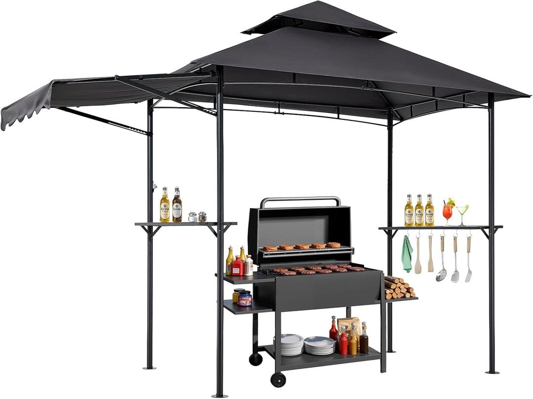 VEVOR Grill Gazebo, 11x5 ft BBQ Gazebo with Extra Awning, Double-Tiered Outdoor Grill Shelter, Thickened Support Legs, Powder-Coated Steel Grilling Canopy with Side Shelves, Bottle Opener & Hooks