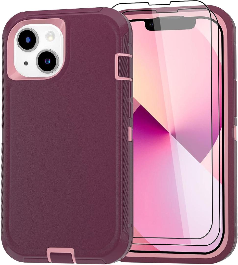 Case for iPhone 13 Case 6.1" with 2 Screen Protector, Full Body Heavy Duty Military Grade Cover, Shockproof/Drop Proof Protection Phone Case (Wine Red Pink)
