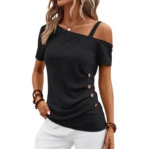 Womens Off Shoulder Tops Summer Asymmetrical Shirts Short Sleeve Button Ruched Blouses 2024 (Medium, Black)