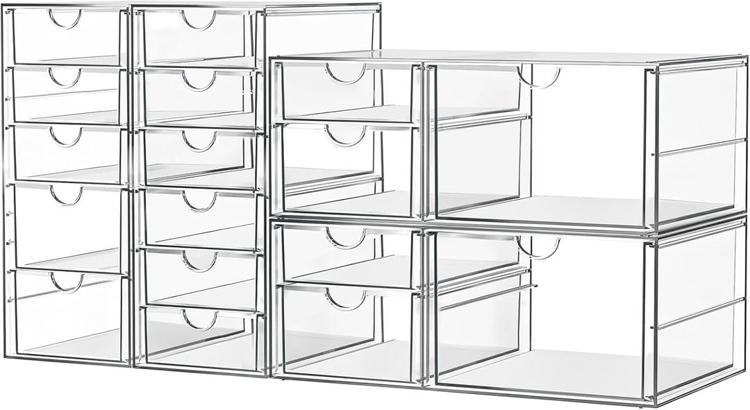ARSTPEOE Makeup Acrylic Organizer with 17 Drawers(4 Sets), Desk Organizers and Accessories, Clear Makeup Organizer, Dustproof Storage Drawers for Office Art Craft Supplies