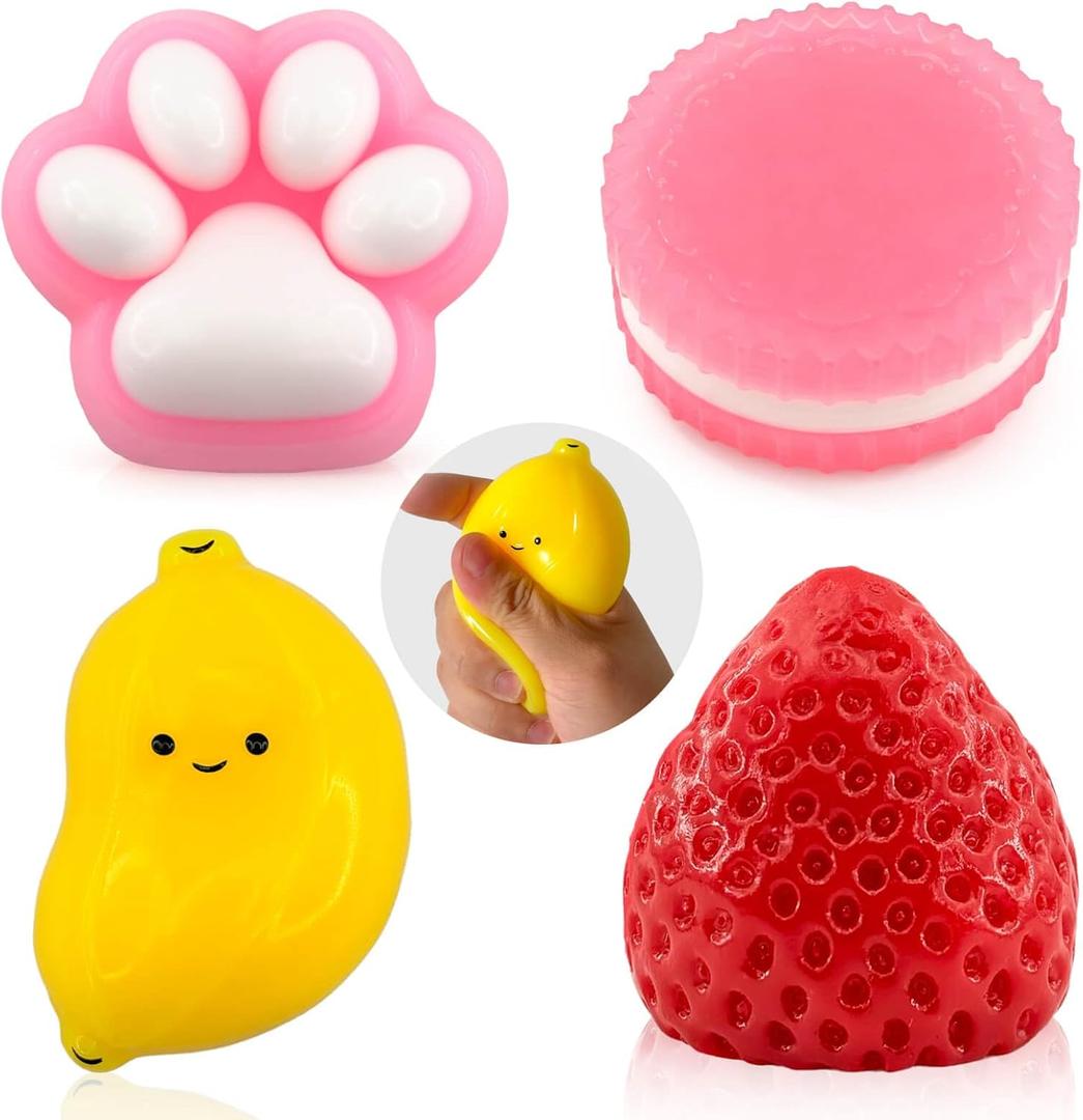 4Pcs Squishy Toys, Soft Sensory Fidget Squeeze Toys for Stress Relief, Kawaii Fufu Taba Squishies for Kids & Adults, Party Favors, Goodie Bag Filler