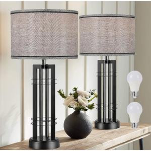 27in Tall Table Lamps for Living Room Button Control Farmhouse Rustic Table Lamps Set of 2 SideTable Lamps Black&Grey Bedroom Lamps for Bedside Nightstand End Table 2025 New
