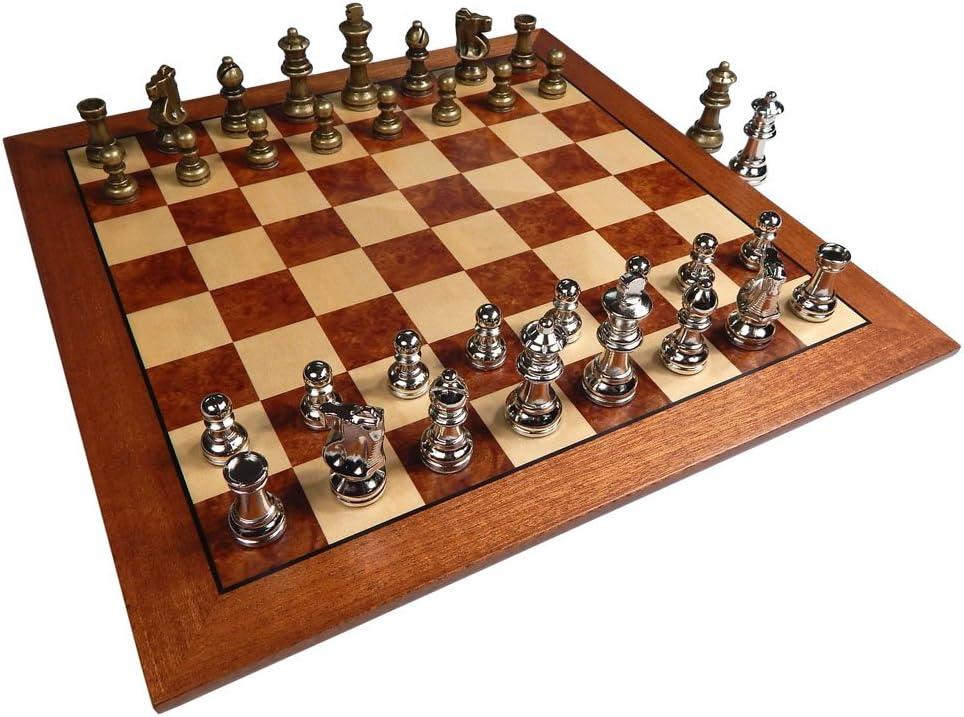 Hayes Inlaid Maple, Mahogany, and Sapele Wood Chess Board with Metal Pieces, 2.5 Inch King, and Extra Queens (Large 15 x 15 Inch Set)