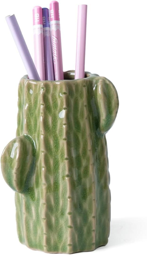 Ceramic Cactus Pen Holder, Cactus Decor Pencil Cup, Cute Pencil Holder for Desk, Pen Stand Makeup Brush Holder for Home, Office, Light Green, Medium (Diameter 6CM)