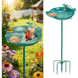Mellbree Bird Bath for Outside, 12" Dia 39" H Lake Blue with Gold Gilding Metal birdbath for Outdoors, Freestanding with Perch & Feeder Bowl, Multi-Functional for Garden Patio Yard Lawn Outdoor Decor