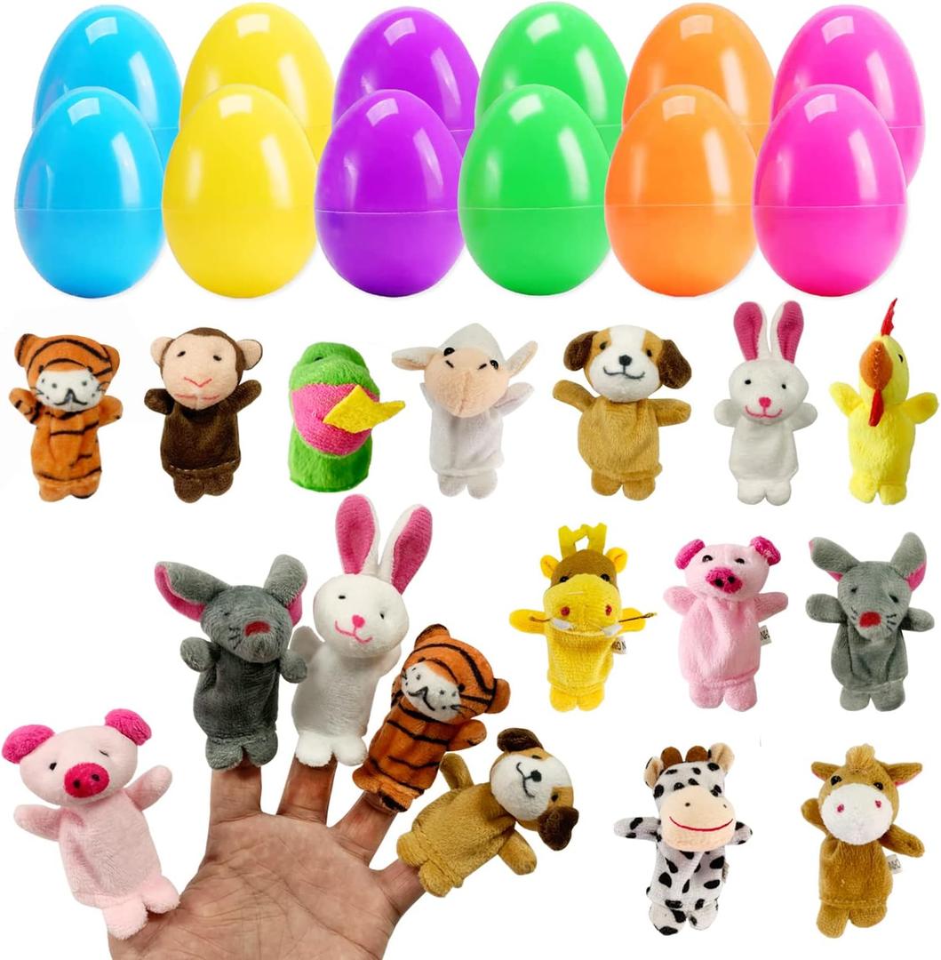 12 Pack Easter Eggs Filled with Animal Finger Puppets, Easter Basket Stuffers Surprise Easter Gifts Prefilled Mini Finger Plush Toys Hunt Party Favors for Kids