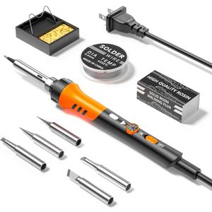 60W Adjustable Temperature Soldering Iron Kit - 9-in-1 With 5 Tips, Solder Wire Stand for Soldering and Repair (Orange)