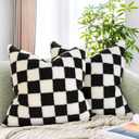 AmHoo Pack of 2 Decorative Throw Pillow Covers Checkerboard Luxury Super Soft Faux Fur Wool Set Case Cushion for Couch Sofa Bedroom 18 x 18-Inch Black (18" x 18" (Pack of 2))
