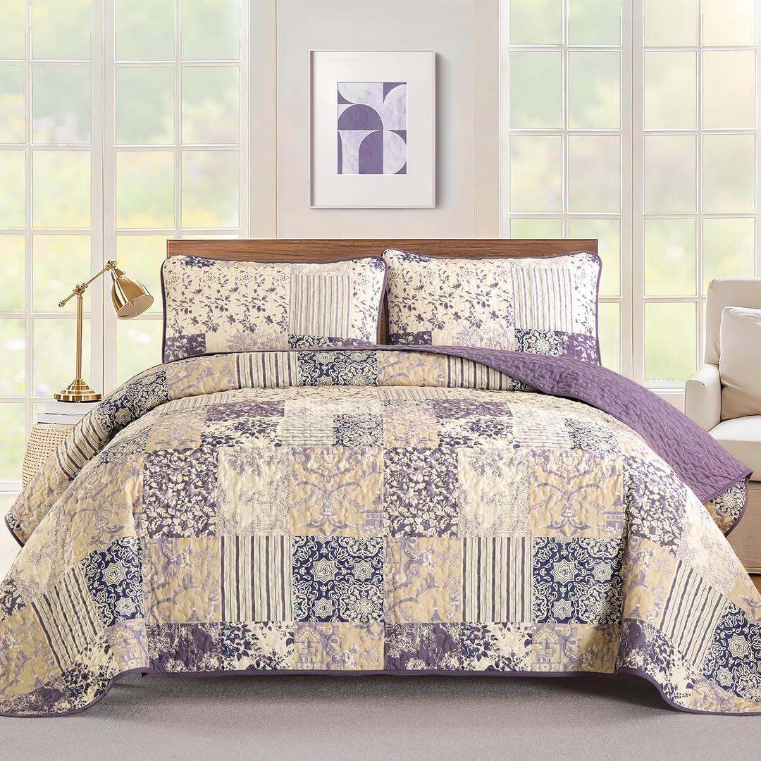 Drucon Purple Quilt Set King Size, Patchwork Pattern Spring Summer Bedspread Bedding Set, 3 Pieces Soft Lightweight Plaid Coverlet with 2 Pillow Shams for All Season 104x90 Inch