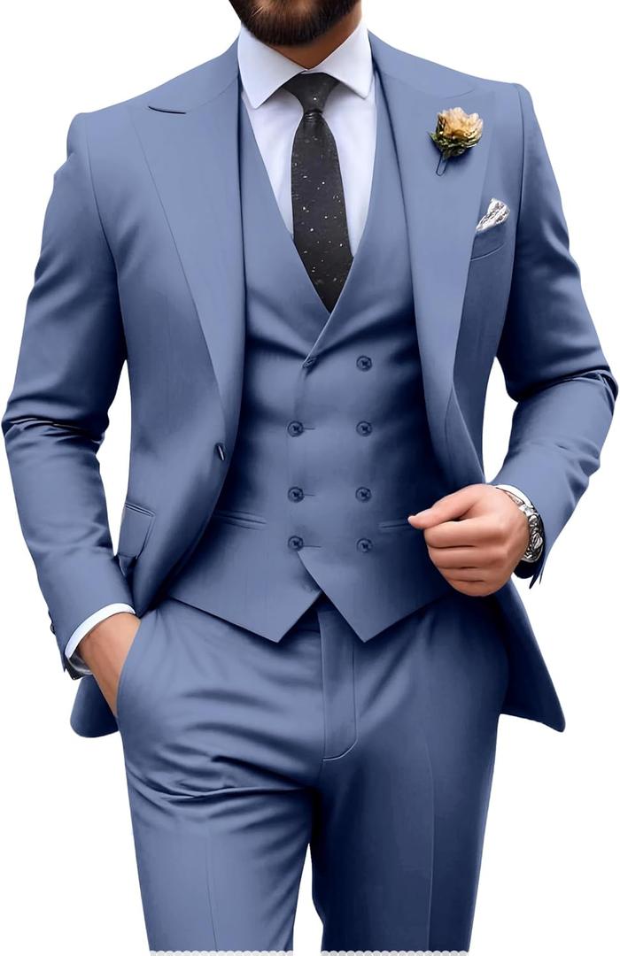 Suits for Men Formal Wedding Slim Fit 3 Piece Tuxedo Groom Suits Double Breasted Suit Men Blazer Vest Pants Set Denim Blue, Large