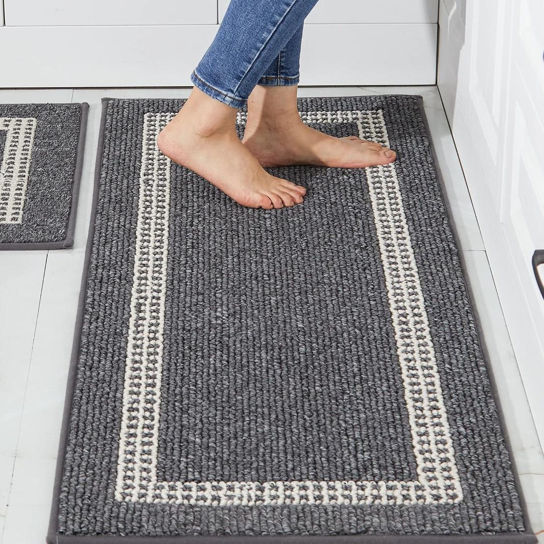 COSY HOMEER Kitchen Rugs Non-Slip 20x30 + 20x48 Inch Thick Polypropylene Standing Mat for Home Machine Washable, Black