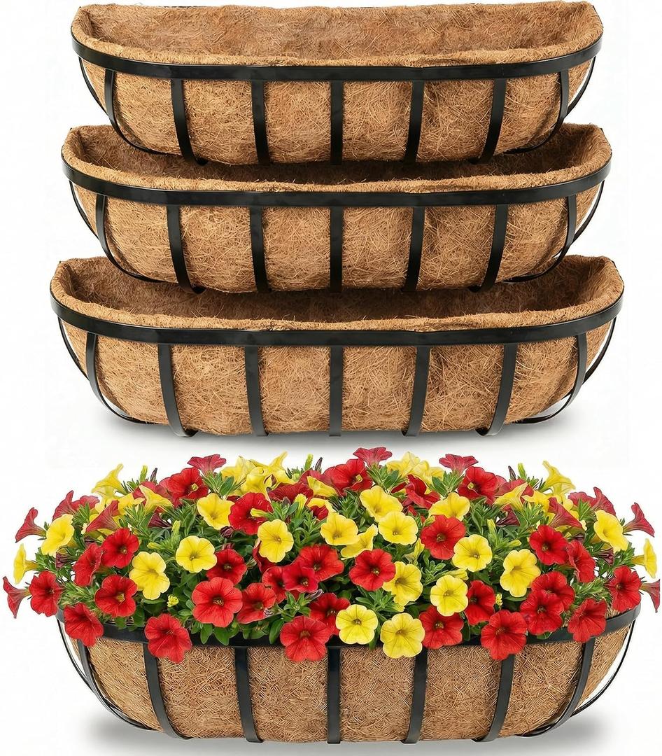 24" Railing Planter with Adjustable Brackets, Window Box with Coco Liner, Hanging Flower Metal Box for Indoor Outdoor, Balcony Deck Fence Porch Patio, Black, Set of 4