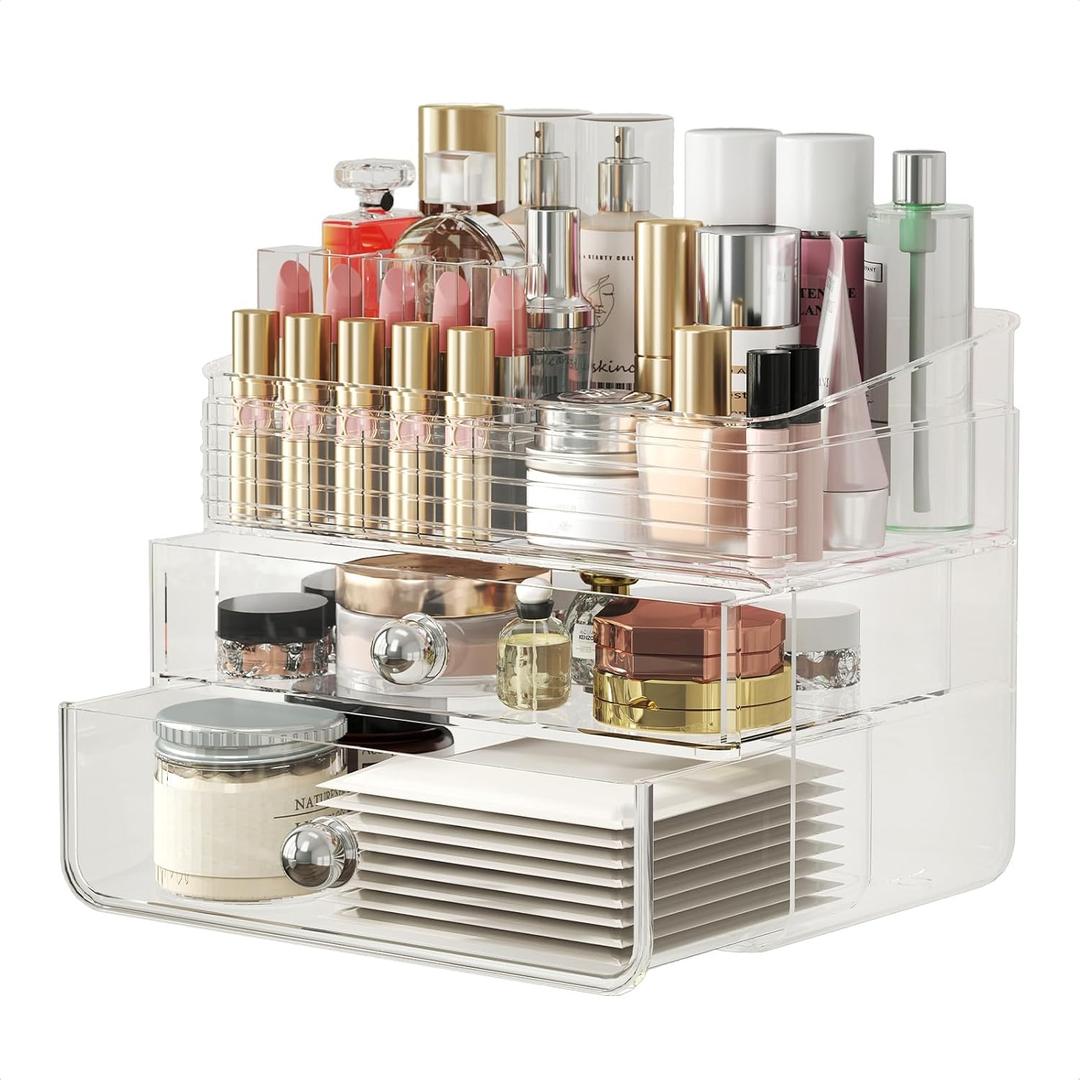 LAMU Makeup Organizer with Large Drawers, Bathroom Counter Skincare Organizer for Vanity,Storage Box with Handle, Cosmetic Display case for Vanity Countertop, Skincare Perfume Storage, Clear