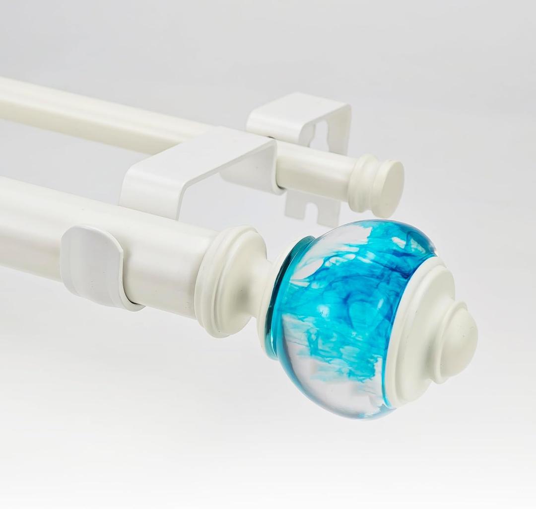 1-1/8 Inch Double Curtain Rods 36 to 72 Inches Adjustable Drapery Rods for Window width 24 to 68 Inches, Aqua Cyan Misty Clear Finials, White