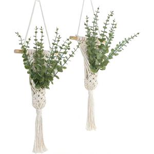 Macrame Wall Hanging with Artificial Eucalyptus Plant, Boho Wall Decor, Green Gray, Set of 2