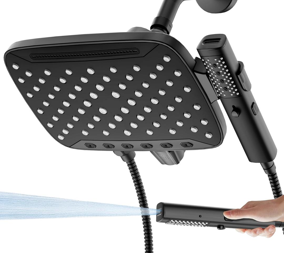 JDO High Pressure Shower Head, 7 Spray Modes Rain Shower Heads with Handheld Spray Combo,Dual Showerhead with 10 Inch Rainfall Spray, Detachable Hand Held Shower, Stainless Steel Hose, Power Wash
