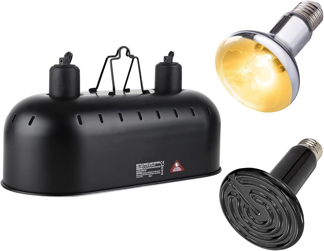 15 inch Dual Reptile Light Fixture, Max 150W Dual Reptile Heat Lamp Fixture with 100W UVA UVB Sun Light & Ceramic Heat Emitter,Double Dome Lamp for Terrarium and Tortoise Habitat