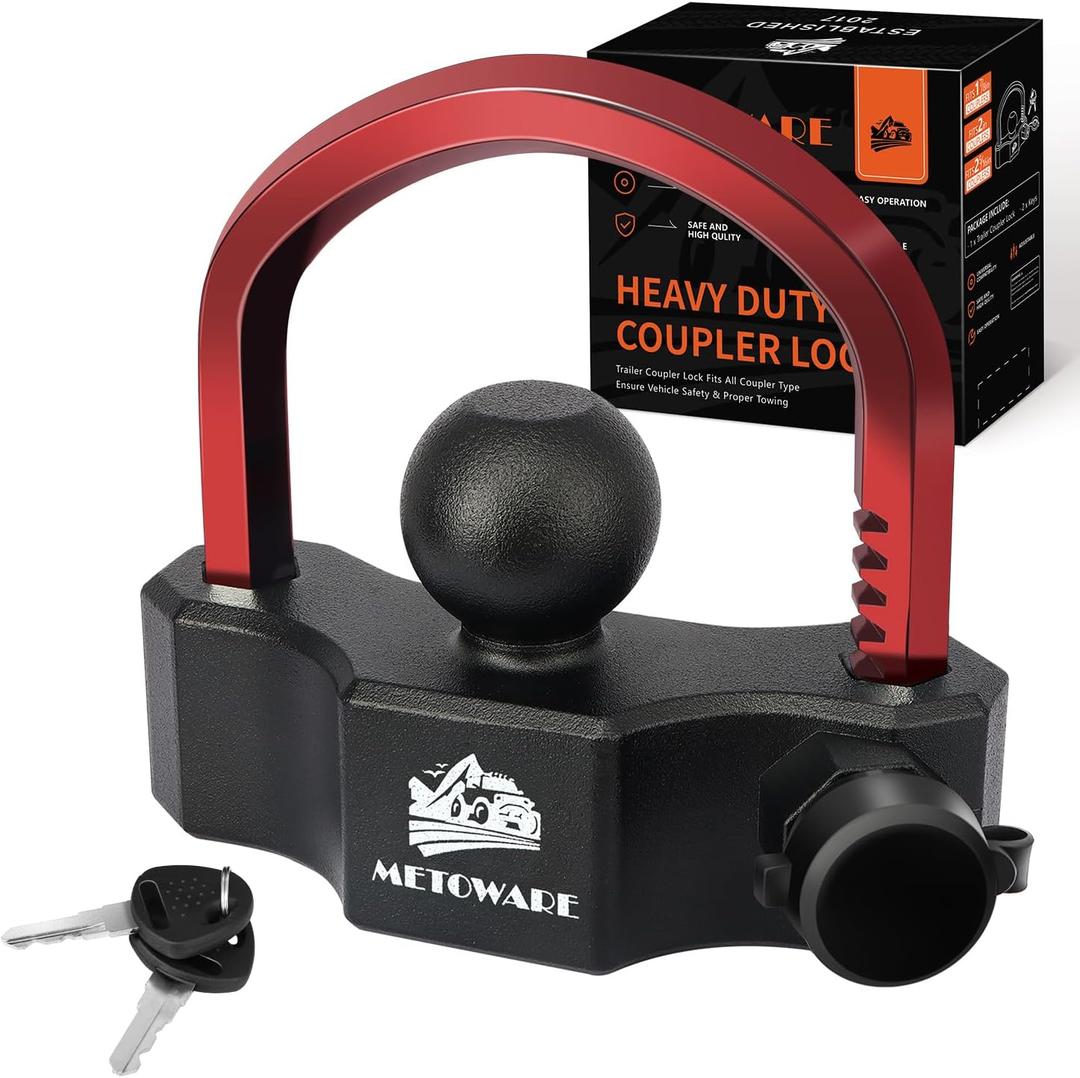 METOWARE Universal Trailer Hitch Locks, Adjustable Heavy-Duty Trailer Coupler Ball Locks Fit 1-7/8 Inch, 2 Inch, 2-5/16 Inch Couplers with 2 Keys (BLACK-RED)
