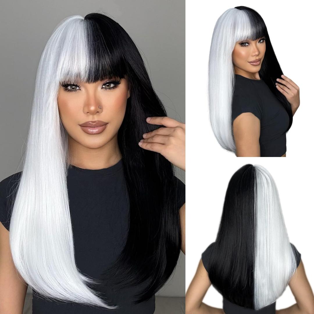 ENTRANCED STYLES Half Black White Wig for Women Long Straight Lolita Wigs with Bangs Synthetic Cosplay Hair for Party Halloween 22inch