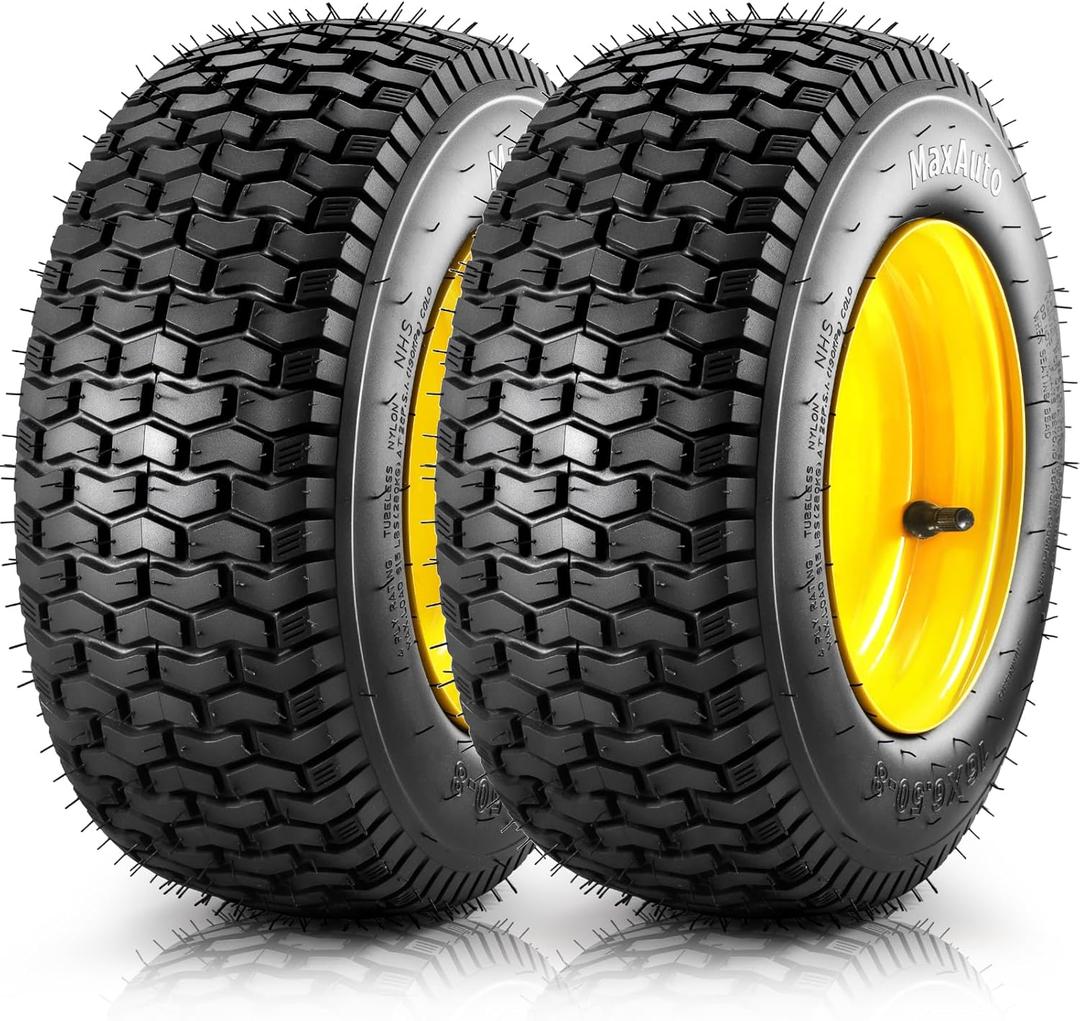MaxAuto 2Pcs 16x6.50-8 Front Tires and Wheels Assembly for Lawn Mower Garden Tractors, 3" Offset Hub with 3/4"Bearings, Pneumatic Tire, 615lbs Capacity, 4-Ply Tubeless